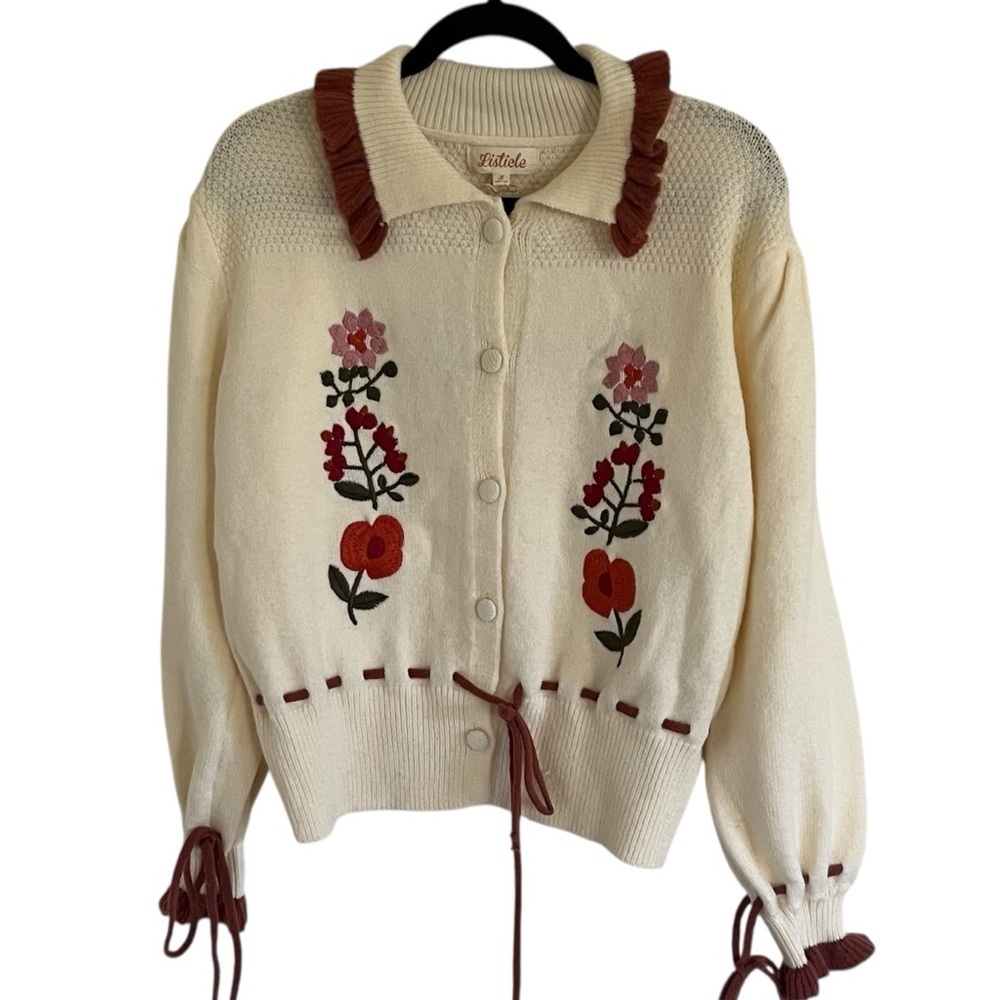 Listicle Beige Brown Floral Embroidered Knit Cardigan NWT Small